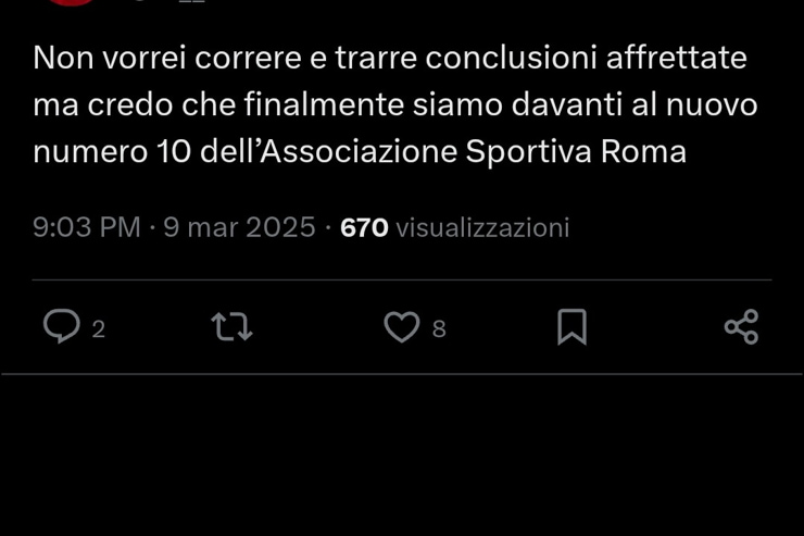 Il tweet che riguarda il numero 10 della Roma - Screen X - Ilromanista.it