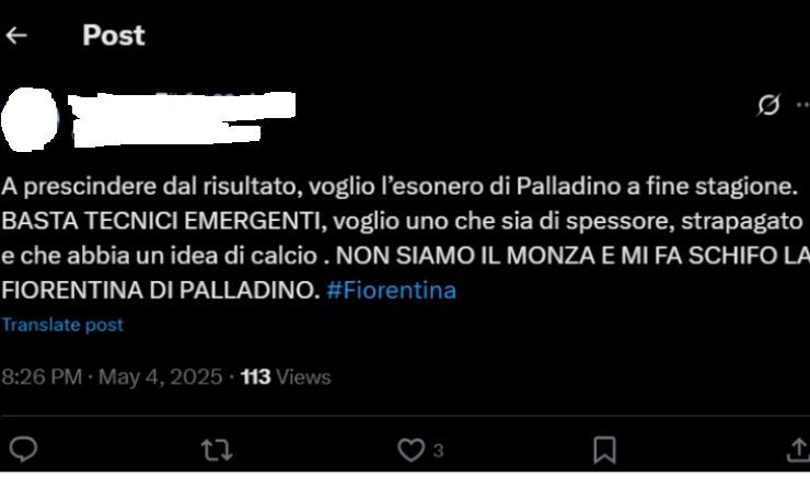 Tifoso polemico nei confronti di Palladino