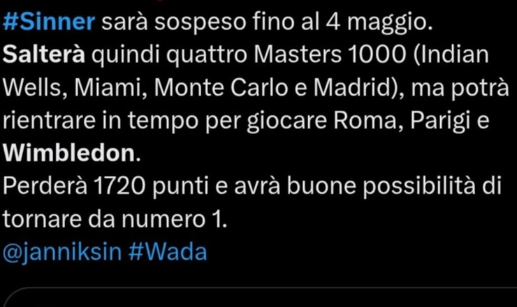 Il tweet che riguarda Jannik - Screen X - Ilromanista.it