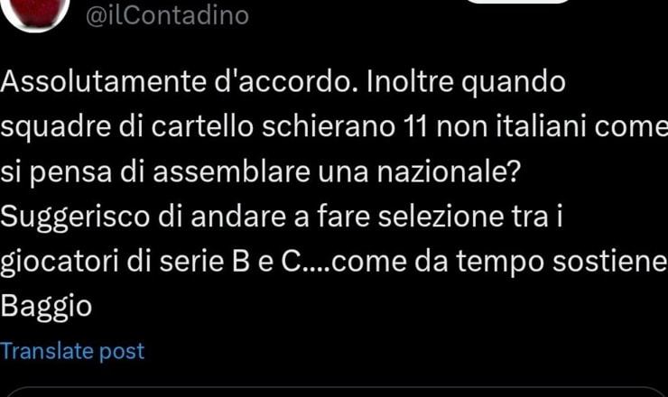 Il tweet che riguarda la Nazionale italiana - Screen X - Ilromanista.it