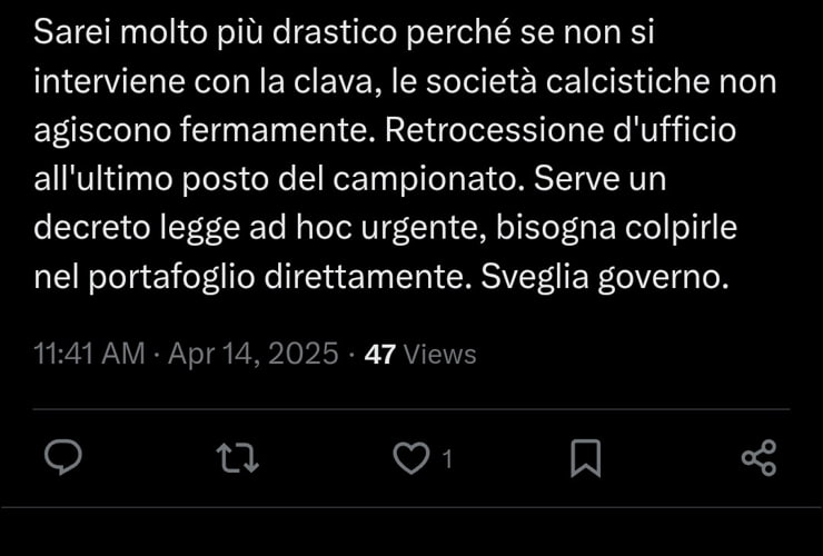 Il tweet che riguarda la retrocessione d'ufficio - Foto X - Ilromanista.it