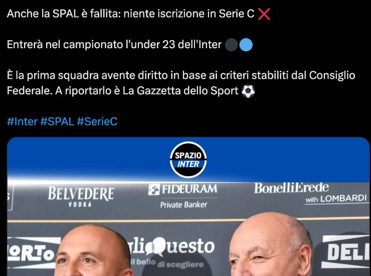 Il tweet di Spazio Inter su X - Ilromanista.it