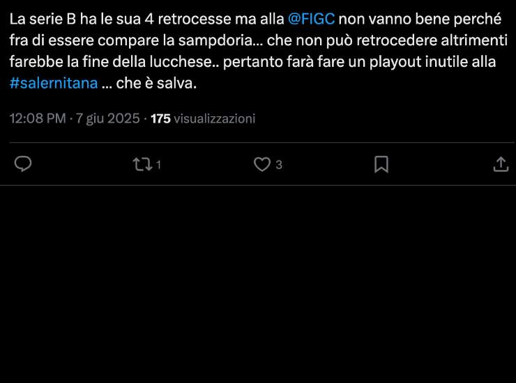 Il tweet di un utente su X sulla Sampdoria - Ilromanista.it