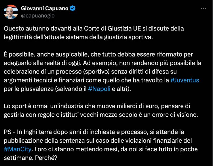 Il tweet del giornalista Capuano sulla Riforma della Giustizia Sportiva - Ilromanista.it
