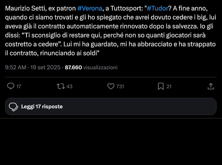 Il tweet di un utente su X su Tudor - Ilromanista.it