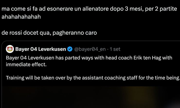 Un utente su X commenta l'esonero di ten Hag - Ilromanista.it