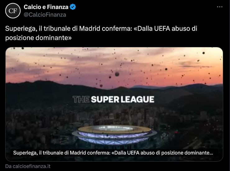 Il post di Calcio & Finanza su X - Ilromanista.it
