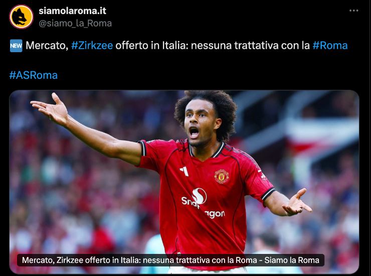 Il tweet di siamolaroma.it su Zirkzee - Ilromanista.it