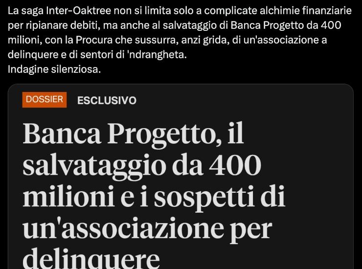 Il tweet di un utente su X a proposito dei debiti dell'Inter - Ilromanista.it